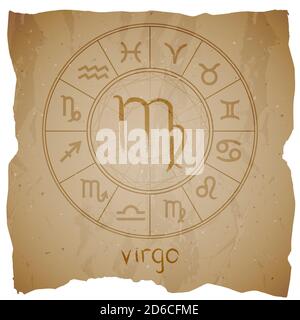 Illustration vectorielle avec un signe de zodiaque dessiné à la main VIRGO sur un arrière-plan de grunge avec un bord déchiré. Illustration de Vecteur