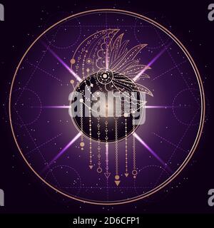 Illustration vectorielle du symbole Sacré ou mystique sur fond abstrait. Signe géométrique tracé en lignes. Couleur or et violet. Pour vous le design et le magi Illustration de Vecteur