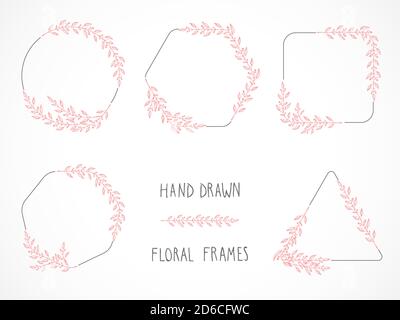 Ensemble vectoriel de cadres fleuris dessinés à la main et d'éléments décoratifs. Illustration de Vecteur