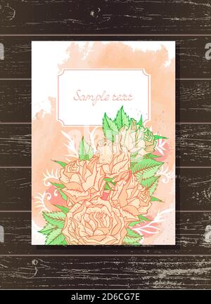 Modèle d'invitation ou carte de vœux avec roses dessinées à la main et éléments aquarelle sur un fond en bois. Dans les couleurs roses. Illustration de Vecteur