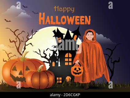 Joyeux Halloween un enfant qui marche avec un sac de bonbons dans un fond de nuit sombre. Illustration vectorielle Illustration de Vecteur