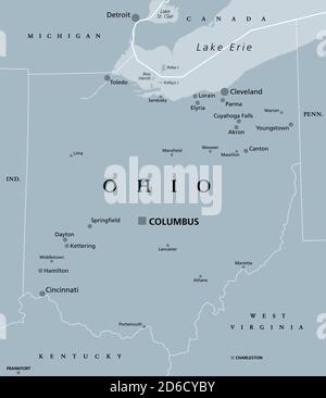 Ohio, OH, carte politique grise. Dans la région est-Nord-Centre du Midwest des États-Unis. Capitale Columbus. Le Buckeye State. Banque D'Images