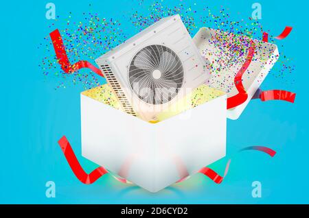 Compresseur d'extérieur, climatisation dans la boîte cadeau, rendu 3D sur fond bleu Banque D'Images