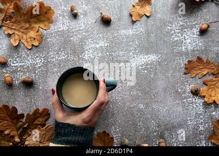 Composition d'automne. Cadre en citrouilles, feuilles séchées, cônes de pin et fond de coupe de tes. Modèle automne, automne, halloween, moisson action de grâce Banque D'Images