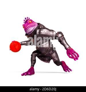 lord frog joue au basket-ball sur fond blanc pose deux, illustration 3d Banque D'Images