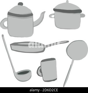 Batterie de cuisine ensemble poêle avec couvercle, louche, poêle, bouilloire, tasse, casserole et spatule Illustration de Vecteur