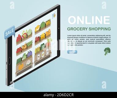 illustration vectorielle d'un comprimé en isométrie. vente et livraison en ligne d'aliments, de légumes et de fruits. Image pour une bannière Web, une application ou une publicité. Œuvres d'art colorées. Illustration de Vecteur