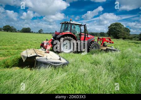 Fauchage de l'herbe pour l'ensilage, Preston, Lancashire. ROYAUME-UNI Banque D'Images