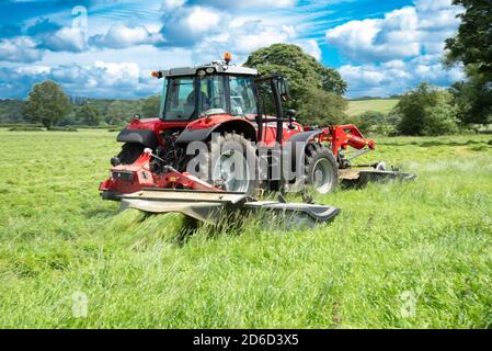 Fauchage de l'herbe pour l'ensilage, Preston, Lancashire. ROYAUME-UNI Banque D'Images