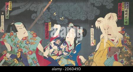 Onoe Kikugoro V comme Otowake Neko no ke (à droite), Bando Mitsugoro IV comme Aisho Michinoku (au centre), Onoe Kikugoro V comme Isogai Mibunosuke (à gauche) dans le jeu Kabuki Tokai Kidan Nekomata Yashiki, 1870. Banque D'Images