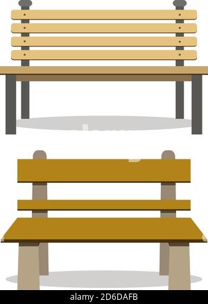 Deux types de bancs de parc en bois se sont installés isolés sur fond blanc. Bancs d'illustration vectoriels pour la décoration extérieure et accessoires de dessin animé. Illustration de Vecteur