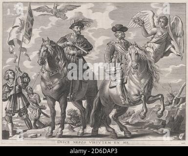 Planche 20: Charles V et Ferdinand sur l'équitation; de Guillielmus Becanus 'Serenissimi Principuis Ferdinandi, Hispaniarum Infantis...', 1636. Banque D'Images