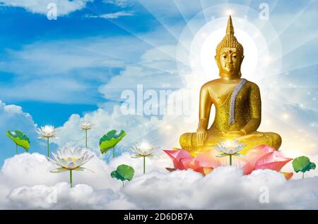Bouddha flottant dans le ciel, ciel sur fleur de lotus sur fond orange. Banque D'Images