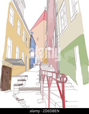 Croquis coloré de la rue étroite dans la vieille ville Illustration de Vecteur