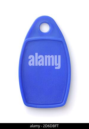 Vue avant de l'étiquette de clé RFID en plastique bleu isolée sur blanc Banque D'Images