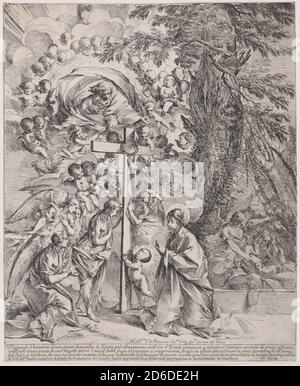 Le rêve de Saint Joseph, qui dort à droite, la Vierge et l'enfant par une croix entourée d'anges et de nombreux putti et avec Dieu le Père au-dessus, ca. 1635-37. Banque D'Images