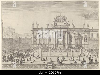 L'autel du Saint sacrement; à gauche, le sacrement sous une verrière, porté en procession et suivi par Louis XIV et Anne d'Autriche en direction d'une grande structure voûtée, les spectateurs à gauche et à droite s'agenouillent devant les tapisseries après Raphaël, ca. 1648. Banque D'Images