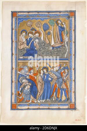 Manuscrit feuille avec l'agonie dans le jardin et trahison du Christ, d'un Psalter royal, britannique, ca. 1270. Psalter fait pour un monarque anglais, probablement la reine Eleanor de Provence (ca. 1223-1291), Banque D'Images