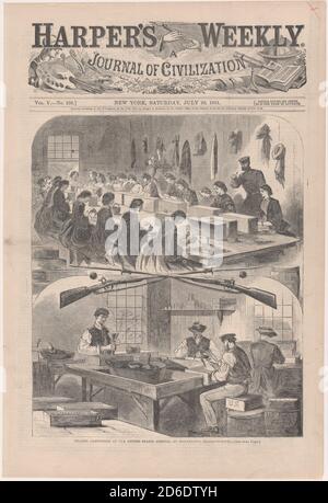 Remplissage des cartouches aux États-Unis Arsenal, à Watertown, Massachusetts (Harper's Weekly, vol. V), 20 juillet 1861. Banque D'Images