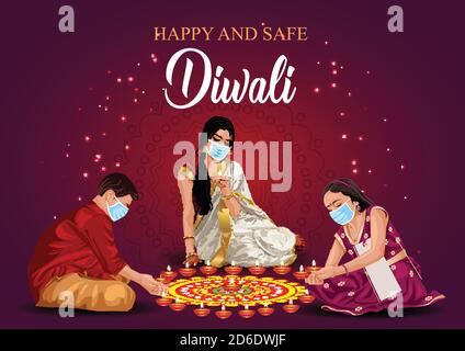 joyeux diwali salutations. une famille faisant la décoration de diya avec le port de masque chirurgical. virus corona covid concept. illustration vectorielle Illustration de Vecteur