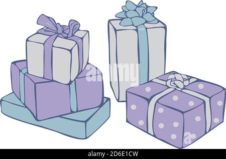 Vecteur encore vie avec des boîtes-cadeaux colorées isolées sur fond blanc. Gitfs concept pour la nouvelle année. Illustration de Vecteur