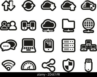 Icônes de transfert de données blanc sur noir ensemble d'autocollants gros Illustration de Vecteur