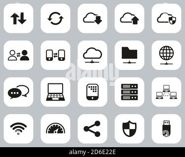 Icônes de transfert de données Noir et blanc Flat Design Set Big Illustration de Vecteur