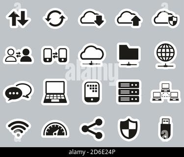 Icônes de transfert de données ensemble d'autocollants noir et blanc grand Illustration de Vecteur
