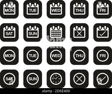 Days of the week Icons White on Black Flat Design Définir grand Illustration de Vecteur