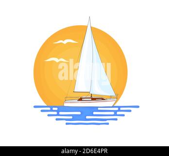 Bateau à voile blanc avec une bande rouge sur le côté, sur la surface de l'eau. Soleil orange et oiseaux volants en arrière-plan. Illustration isolée sur le blanc ba Banque D'Images