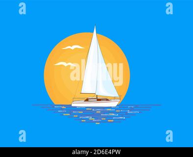 Bateau à voile blanc avec une bande rouge sur le côté, sur la surface de l'eau. Soleil orange et oiseaux volants en arrière-plan. Illustration. Banque D'Images