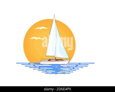 Bateau à voile blanc avec une bande rouge sur le côté, sur la surface de l'eau. Soleil orange et oiseaux volants en arrière-plan. Illustration isolée sur le blanc ba Banque D'Images