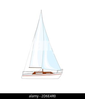 Bateau à voile blanc avec une bande rouge sur le côté. Isolé sur fond blanc. Banque D'Images