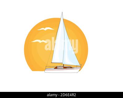 Bateau à voile blanc avec une bande rouge sur le côté. Soleil orange et oiseaux volants en arrière-plan. Illustration isolée sur fond blanc. Banque D'Images