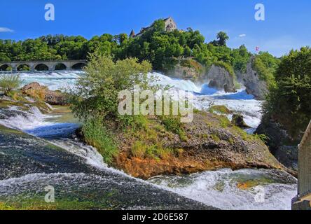 Chutes du Rhin près de Schaffhausen avec le château de Laufen, Neuhausen am Rheinfall, Rhin, vallée du Rhin, canton de Schaffhausen, Suisse Banque D'Images