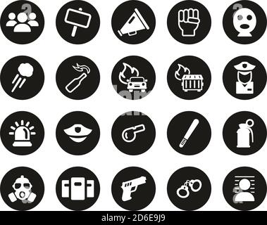 Icônes de démonstration ou de manifestation blanches sur Black Flat Design Circle Définir grand Illustration de Vecteur