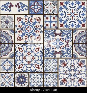 Carreaux patchwork sans couture avec motifs Islam, arabe, indien, pouf. Carreaux de poterie de majolica. Décor portugais et espagnol. Carrelage en céramique de style talavera. Illustration de Vecteur