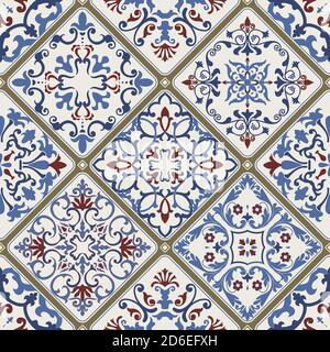 Carreaux colorés sans couture avec motifs Islam, arabe, indien, pouf. Carreaux de poterie de majolica. Décor portugais et espagnol. Carrelage en céramique de style talavera. Illustration de Vecteur
