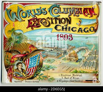 Couverture d'un dépliant en carton pour l'exposition colombienne du monde, Chicago, Illinois, 1893. Le couvercle représente et offre une vue aérienne du parc d'expositions. Banque D'Images