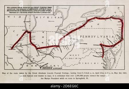 Carte montrant l'itinéraire emprunté par le grand train funéraire pour le Président Abraham Lincoln de Washington, D.C., à Springfield, Illinois, du 21 avril au 4 mai 1865 Banque D'Images