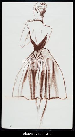 Dessin de costume de robe longueur cocktail avec haut dos-nu. Design de mode par Charles James. Illustration par Antonio Lopez. Banque D'Images