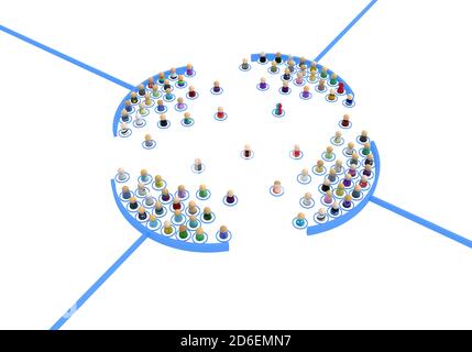 Foule de petites figures 3d symboliques liées, système complexe en couches, formant des cercles, sur blanc, horizontal, isolé Banque D'Images