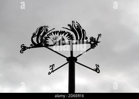 Alloway , les weathervanes d'Ayrshire sur le chemin des poètes au parc du patrimoine de Burns racontant l'histoire de Tam o Shanter. TAM laisse dans un stupeur ivre du pub local sur son fidèle Steed Meg et rencontre le diable et les sorcières à Alloway Auld Kirk, où il est chassé au-dessus de l'Auld Brig et son cheval perd sa queue. Un sentier piétonnier attrayant relie Burns Cottage au site principal du musée. En chemin, vous pouvez repérer des affiches originales conçues par Timorous Beasties, Banque D'Images