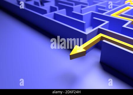 Rendu 3d : concept - résolution d'un problème complexe. Labyrinthe bleu et sol avec chemin de solution jaune avec flèche. Banque D'Images