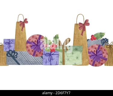 Bordure horizontale sans couture de cadeaux de Noël colorés aquarelle pour les accessoires de fête, les réunions de famille et les célébrations, le décor des vacances d'hiver, l'ambiance de fête simple motif Banque D'Images