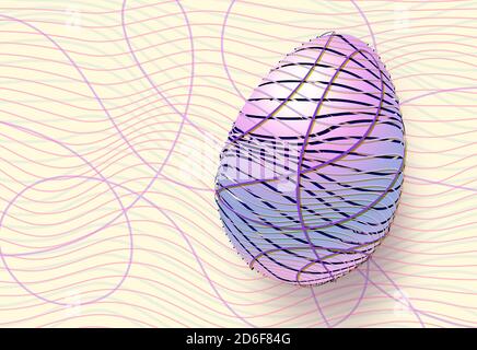 Oeuf de Pâques violet formé de bandes de couleur, sur un fond clair avec des lignes courbes Banque D'Images