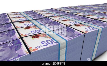 Illustration 3D de nouveaux shekel bills piles arrière-plan Banque D'Images