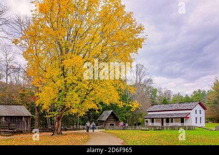 Un couple passe devant la maison Gregg-Cable au complexe de Cable Mill dans le parc national des Great Smoky Mountains, le 2 novembre 2017, à Townsend, Tennessee. Banque D'Images