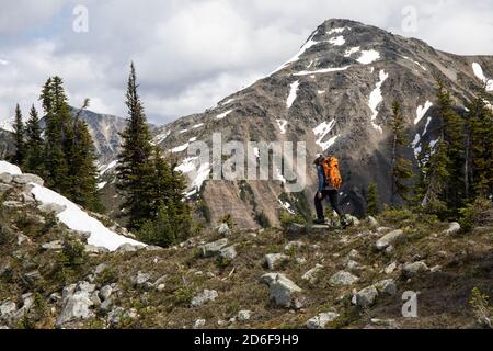 Backpacker explorant les montagnes rocheuses boisées et la randonnée en face de pente rocailleuse Banque D'Images