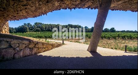 Cave à vins du domaine Castignos à Assignan en été. A la forme d'une bouteille et les murs extérieurs sont recouverts de liège. Banque D'Images